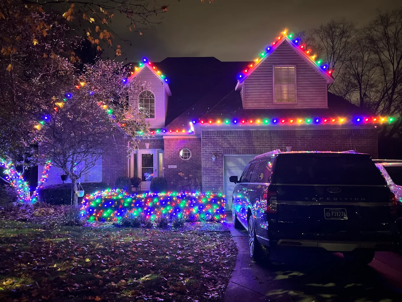 Two-story home with multicolor roofline and net lighting on the bushes at night