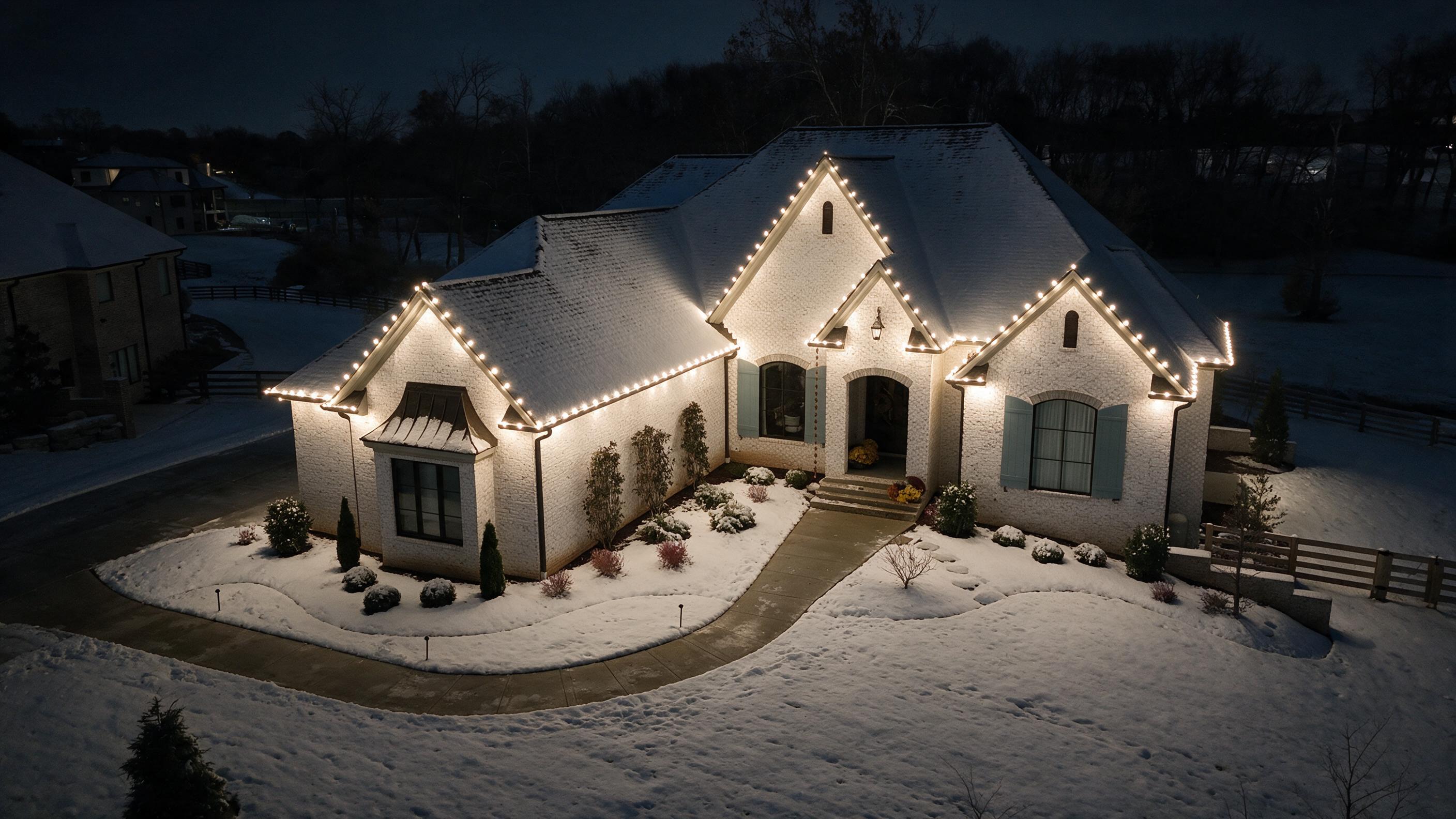 AI-rendered mockup of a white-brick estate with warm-white C9 roofline lights, lit at night in snow