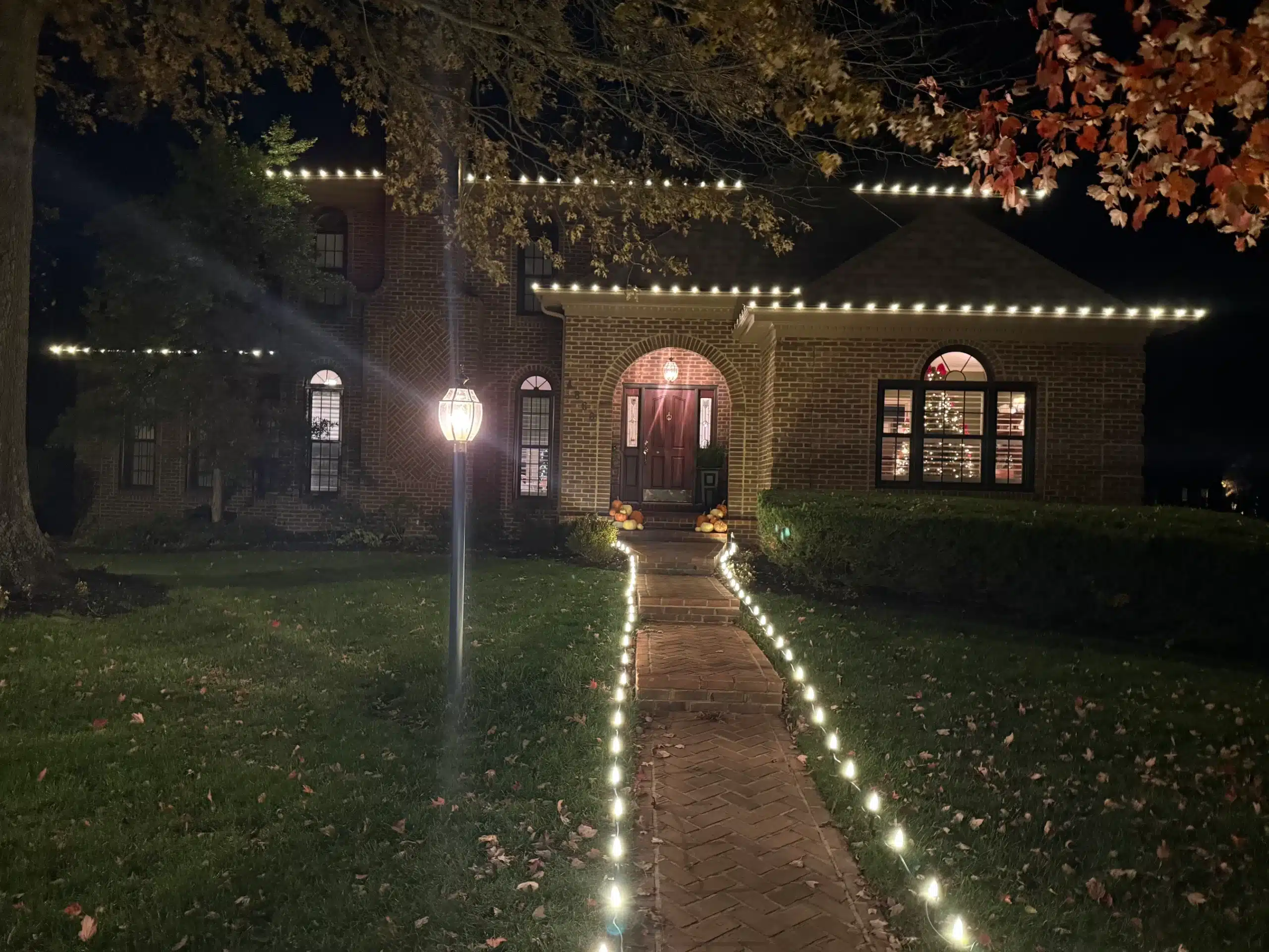 christmas light installation in lexington kentucky on two story brick home with landscape lighting